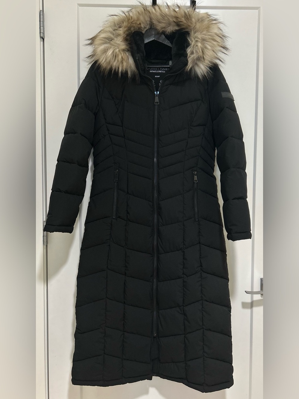 Calvin Klein Black Long Quilted Puffer Coat with Removable Faux Fur-Trim Hood